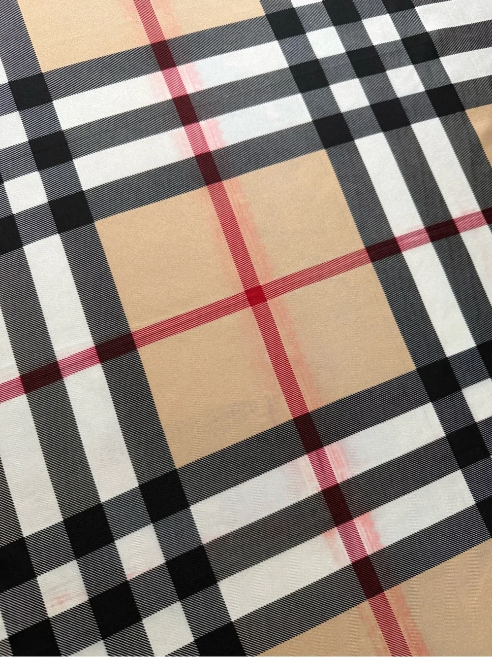 Display #1 Burberry Beige Nova Check Silk Scarf with Navy Border and Red Trim